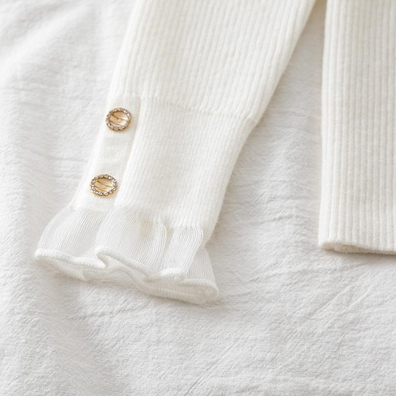 Koreanischer Mesh-Spleiß-Pullover Langarm Elastisch Weiße Oberteile Damen Herbst Winter Kleidung Slim Strick Weicher Pullover Knopf Halber Rollkragenpullover