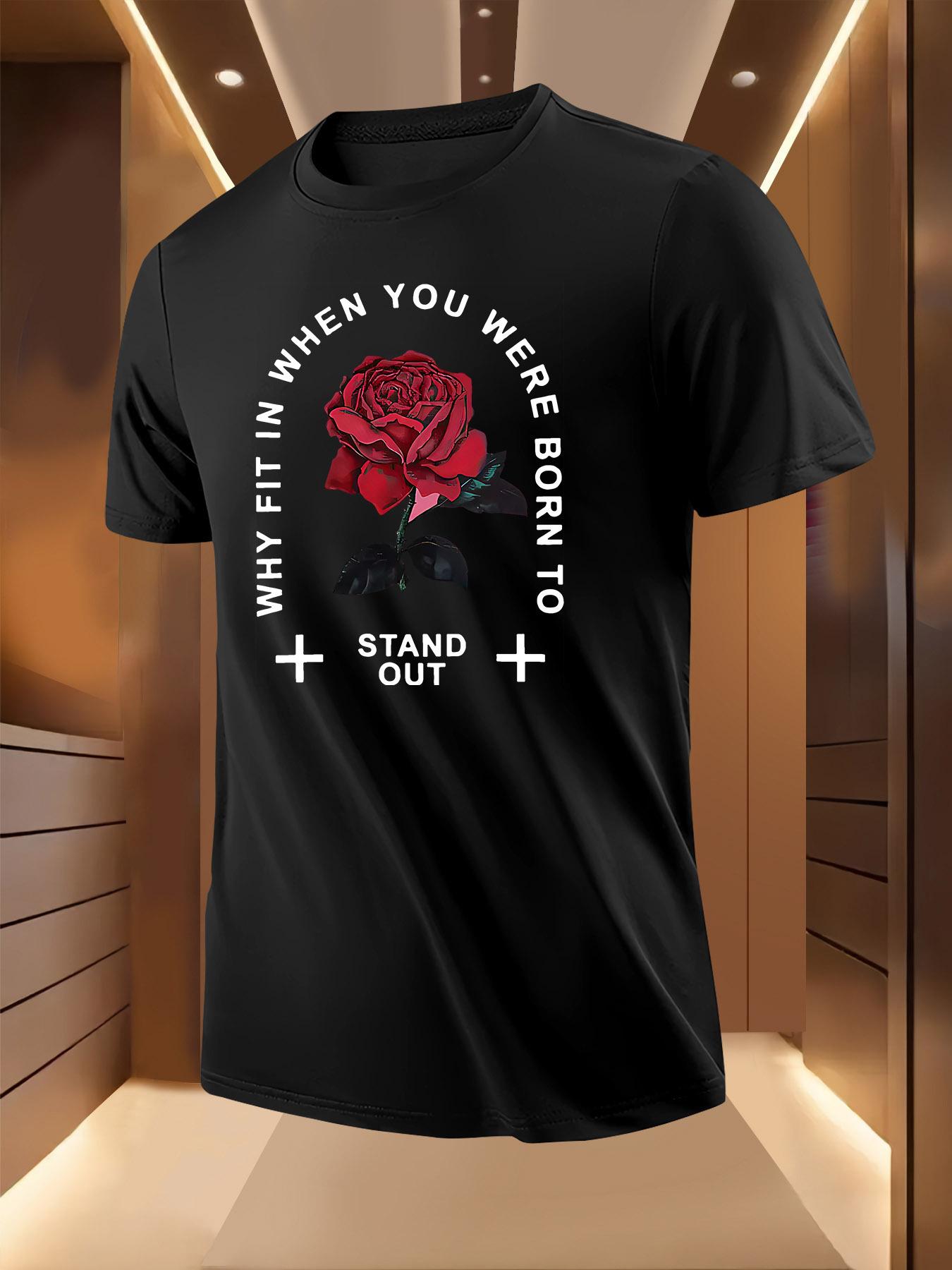 Short Sleeve Tshirt with Bold Red Rose Graphic Slogan Pri... L