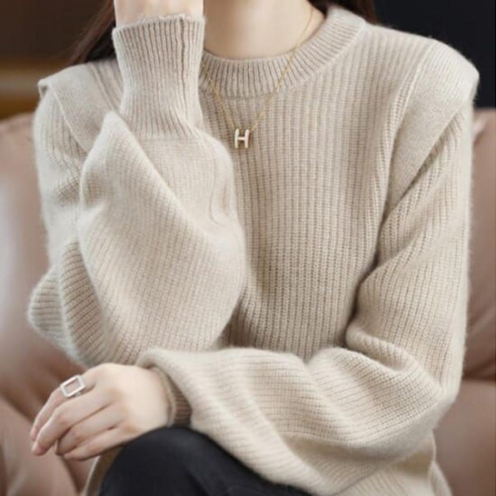 Navava Long Sleeve Knit Sweater Simple Ribbed Round Neck Nk2433