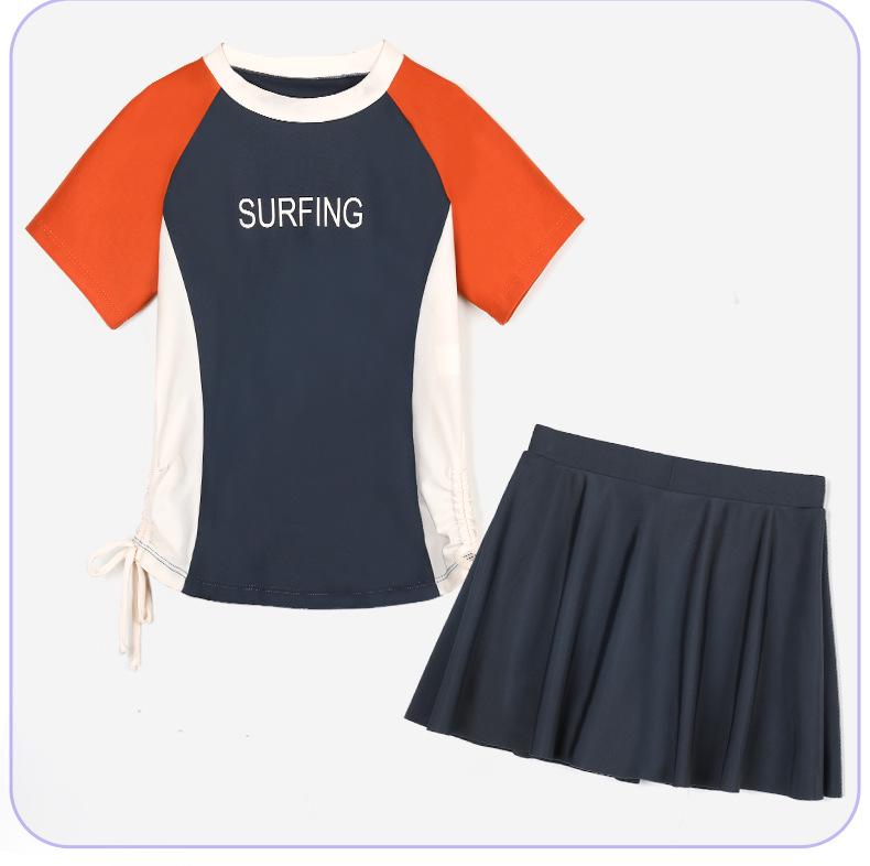 

Детский купальник-двойка 2025 года, облегающий, в стиле юбки, с короткими рукавами и юбкой - однотонный купальник для пляжа и горячих источников 150 оранжевый