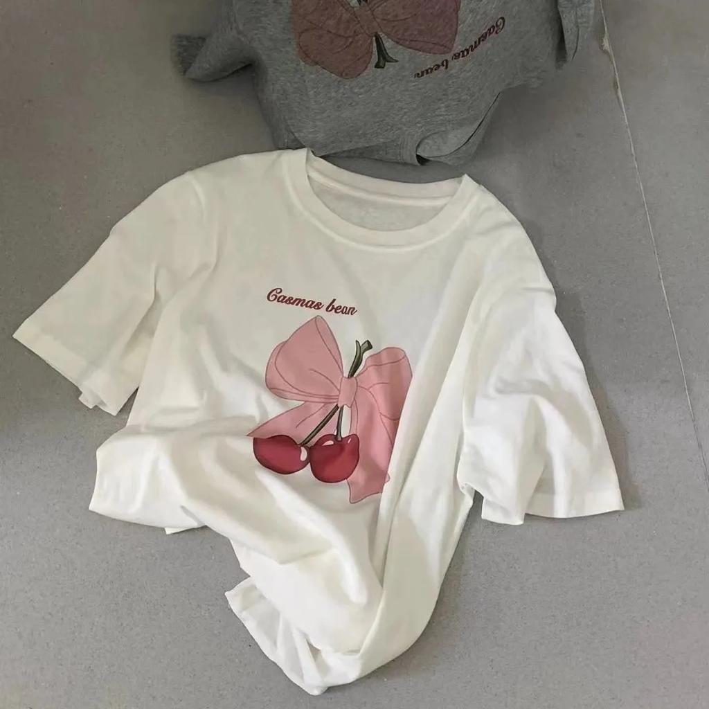 Women's Cherry Bow Print T-shirt Casual Short Sleeve Crew Neck Summer Top