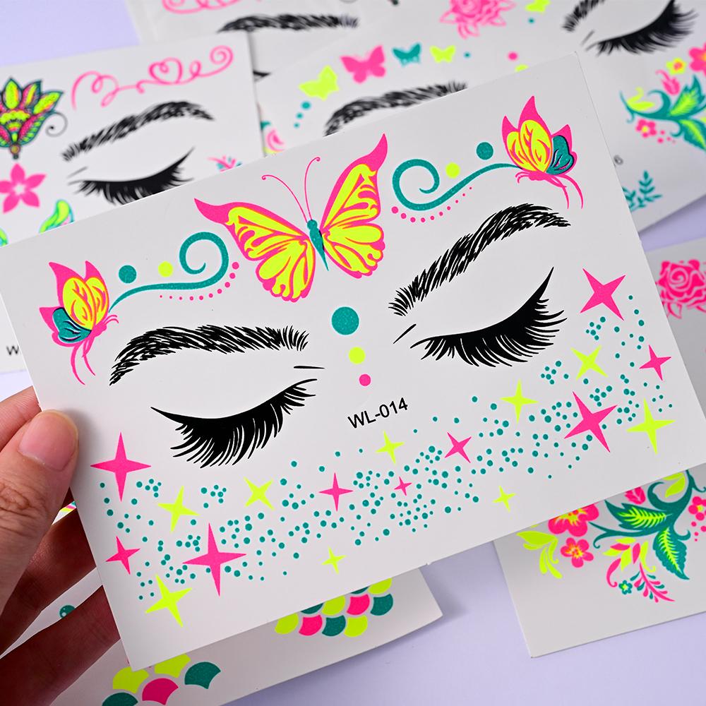4/8Pcs Fluorescent Face Tattoo Stickers Colorful Flower/Butterfly/Feather Design Temporary Decal Waterproof Makeup/Party Tattoos