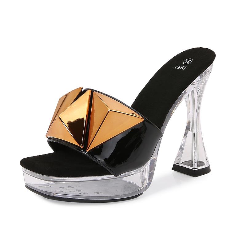 Fashion New 12CM Sexy Car Model Fashion Transparent Slippers, Nightclub Thick-heeled Crystal Square Toe Anti-slip Metal Buckle Sandals