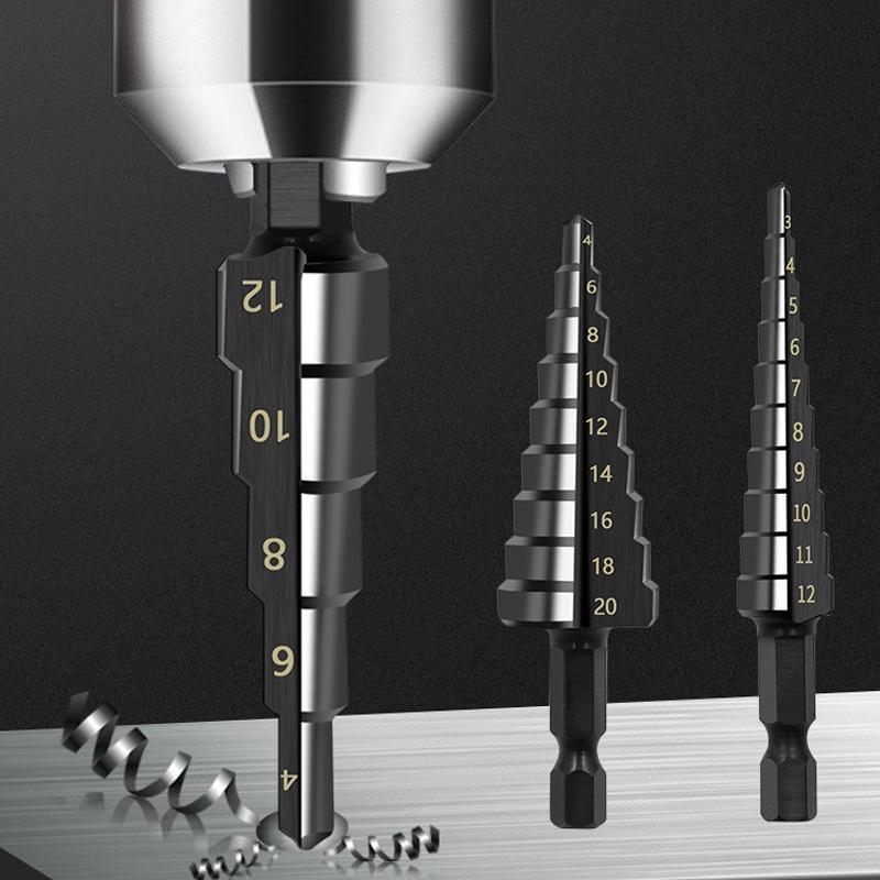 3Pcs Hexagonal Handle Nitrided Black Straight Groove Ladder Drill 3-12 4-12 4-20 High-speed Steel Pagoda Drills Hole Opener Set