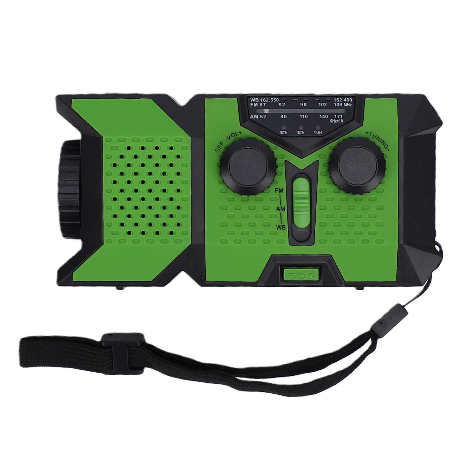 

AM FM WB Radio Hand Crank Solar Battery Operated Portable Radio with Weather SOS Alert LED Flashlight for Camping Emergency Green