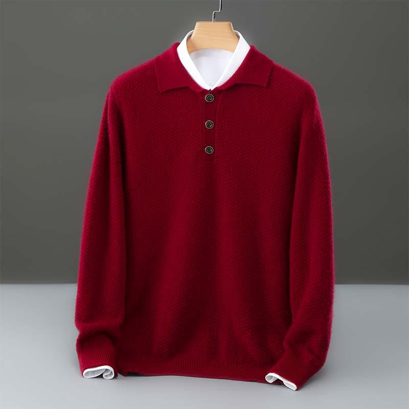 Men's Pure Wool Polo Collar Cardigan: Loose, Button-Up, Business Casual Cashmere Knit Sweater