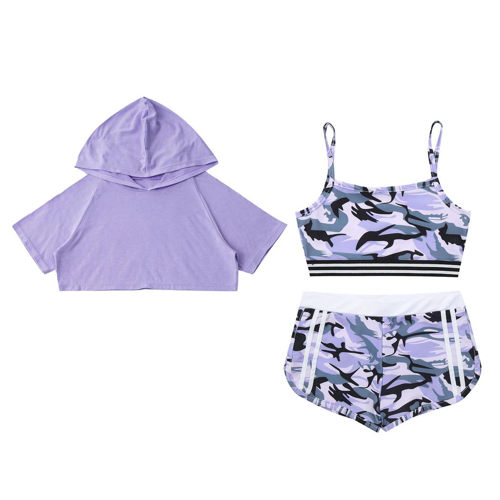 Kids Girls 3 Piece Dance Gymnastic Workout Outfit Short Sleeve Hooded with Crop Tank Top Shorts Sport Tracksuit