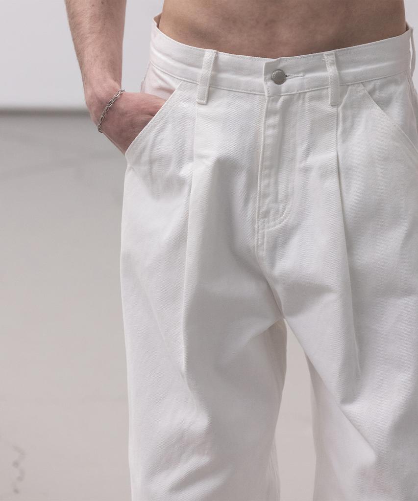 Dekkoloso Washed Cotton One-Pleat Wide Pants [White]