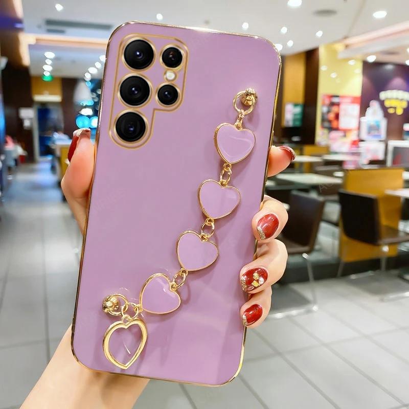 

для Samsung S25 Edge Case Covering Silicone Love Heart Bracelet Chain Cases для Samsung S25 Ultra S24 Plus S23 Ultra S22 S21FE for Samsung S25 фиолетовый