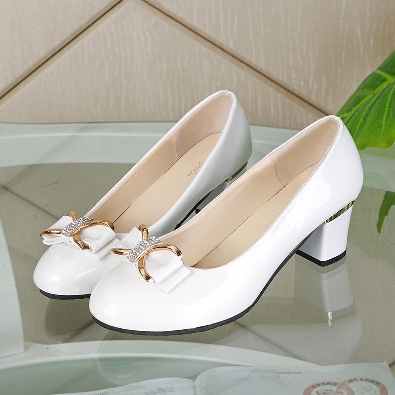 Fashionable High Heels for Women with A Shallow Mouth, Large Size, Thick Heels and Round-toe Bowknots Pumps for Women