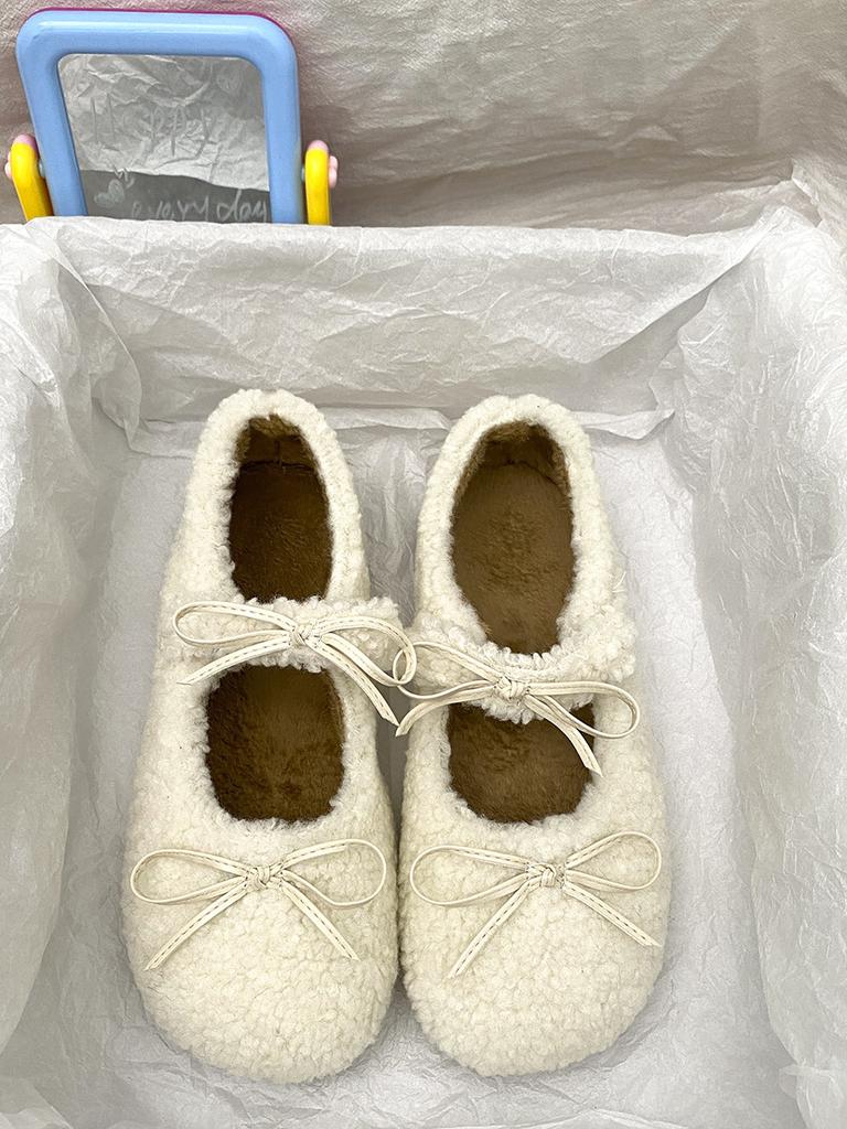 Mode 2025 Winter Fell Warm Ballerinas Damen Koreanische Schnallenriemen Mokassins Gemütliche Runde Zehen Winter Plüsch Schneeschuhe Rutschfeste Slipper