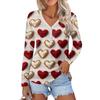 Women's Valentine's Day Love Heart Print Fashion Casual Long Sleeve V-Neck Button Neck Top