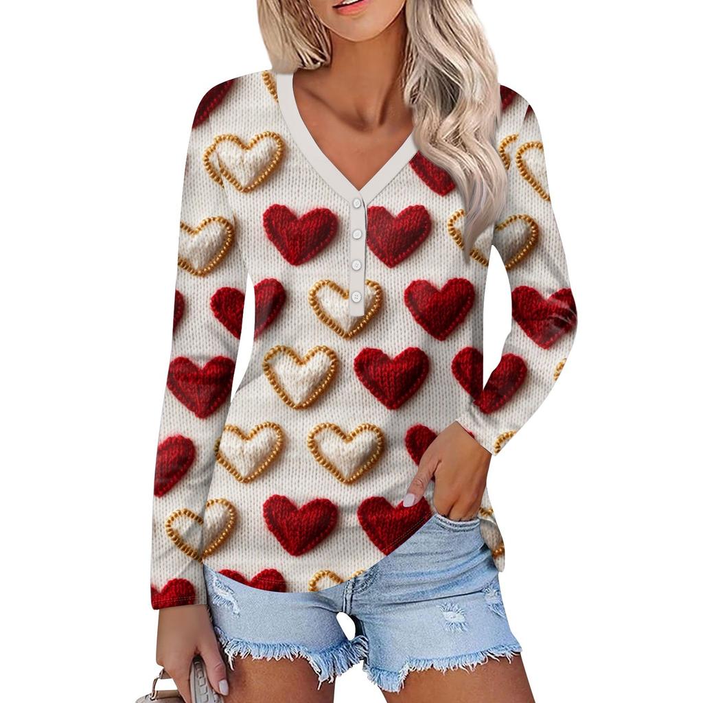 Women's Valentine's Day Love Heart Print Fashion Casual Long Sleeve V-Neck Button Neck Top
