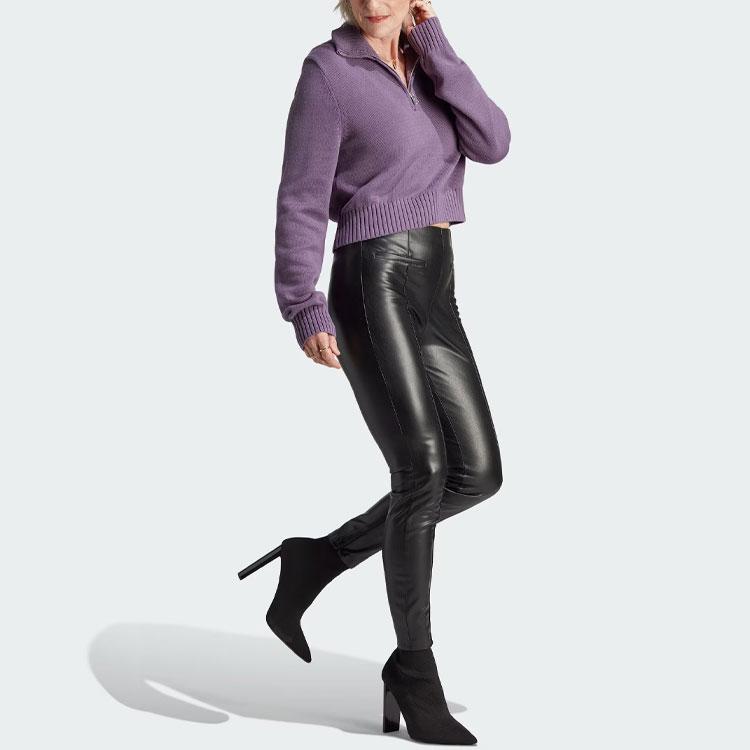 Adidas Originals Premium Essentials Half-Zip Long Sleeve Knit Top Women Tops Dark-Grey Violet IJ8296