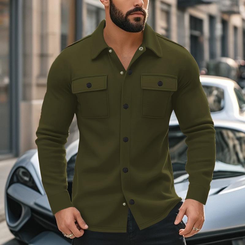 Spring and Autumn Casual Men's Fleece Lapel Top Single-breasted Solid Color Slim-fit Jacket
