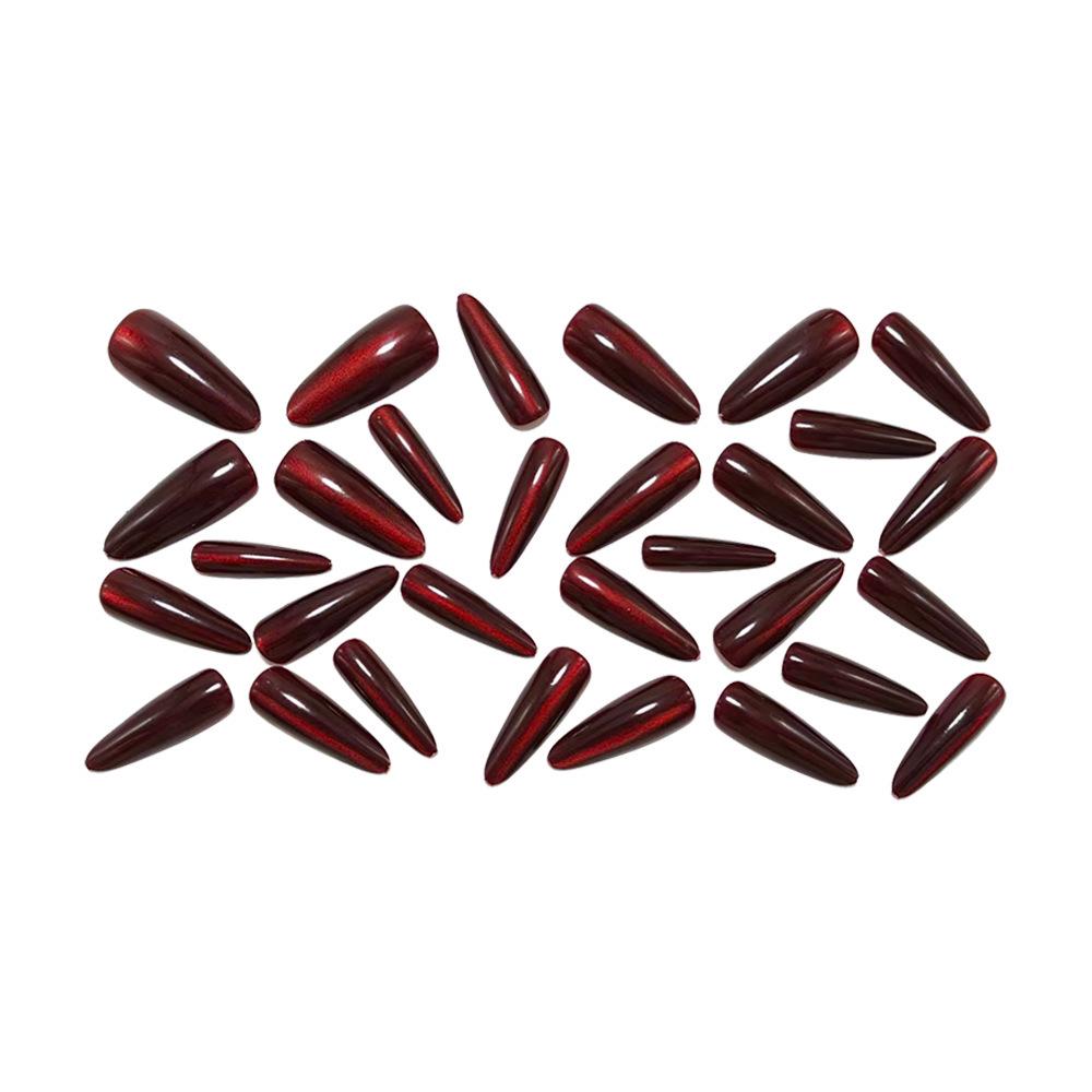 Deep Wine Red Cat Eye Almond Fake Nails - 30 Piece Set