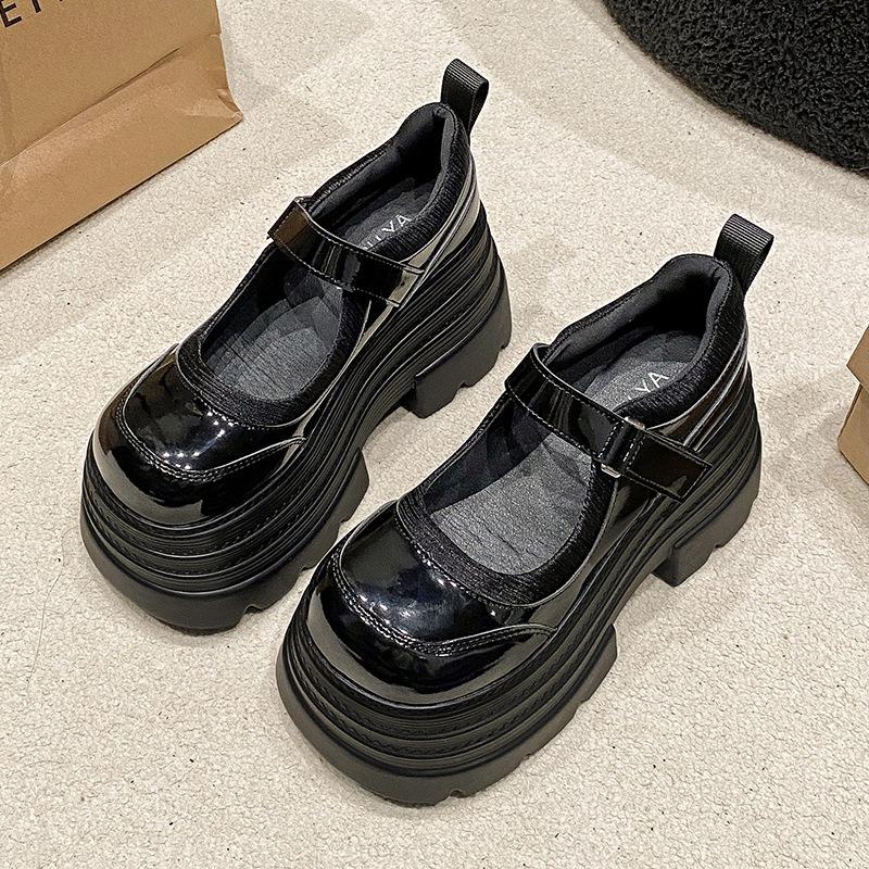 

Shallow high-heeled loafers, platform high heels, small spring and autumn French one-word buckle belt, inner height-increasing Mary Jane shoes 40