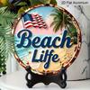 2D Flat, 1-Piece Round “Beach Life” Aluminum Hanging Sign, Patriotic USA Flag, Palm Tree, and Ocean Design, Rustic Coastal Metal Wall Decor, Perfect