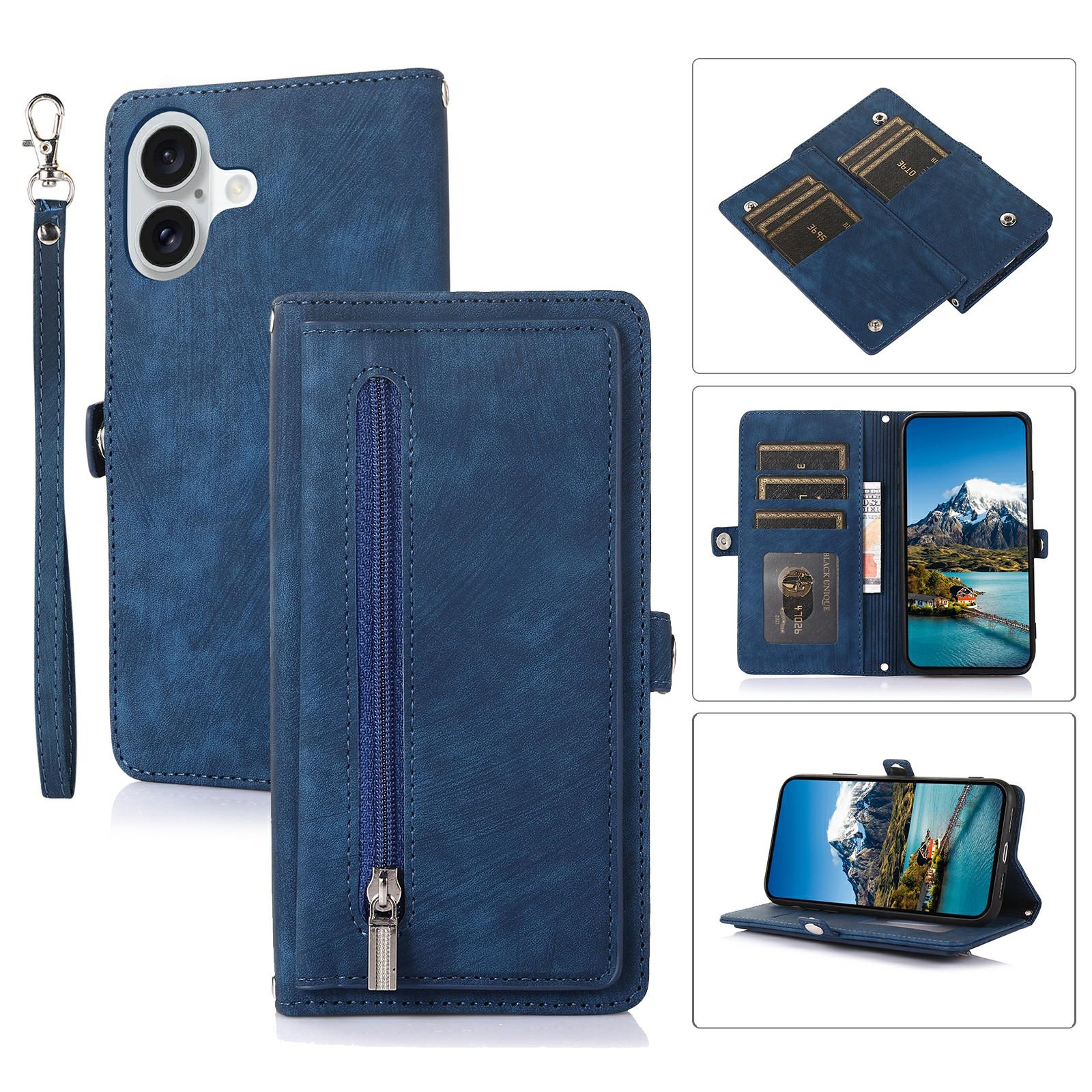 

For iPhone 17 Case Zipper Pocket 9 Card Slots PU Leather Phone Cover with Wrist Strap Blue