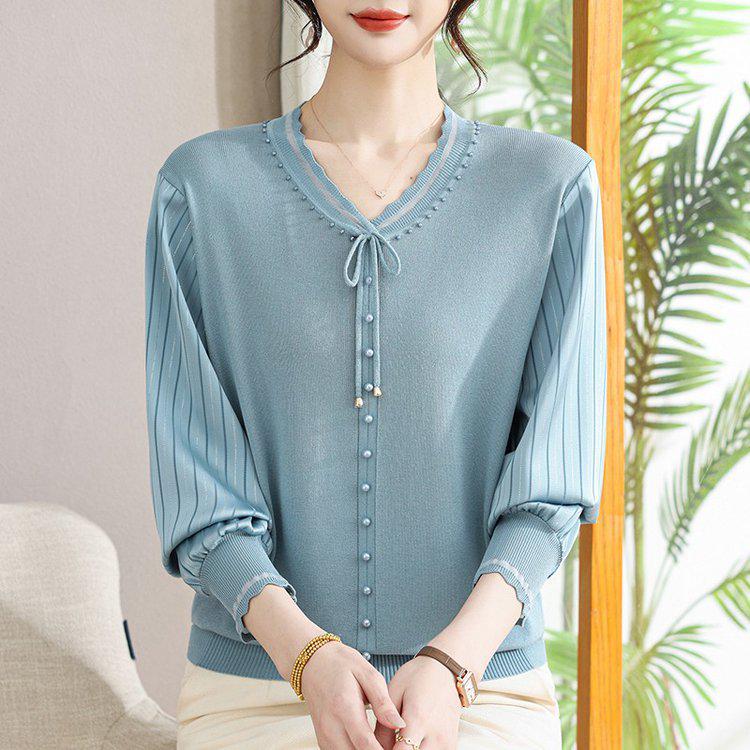 Fashion Casual V-Neck Lace-Up Knitwear Pullover for Women: Long-Sleeved Mother's Day Top