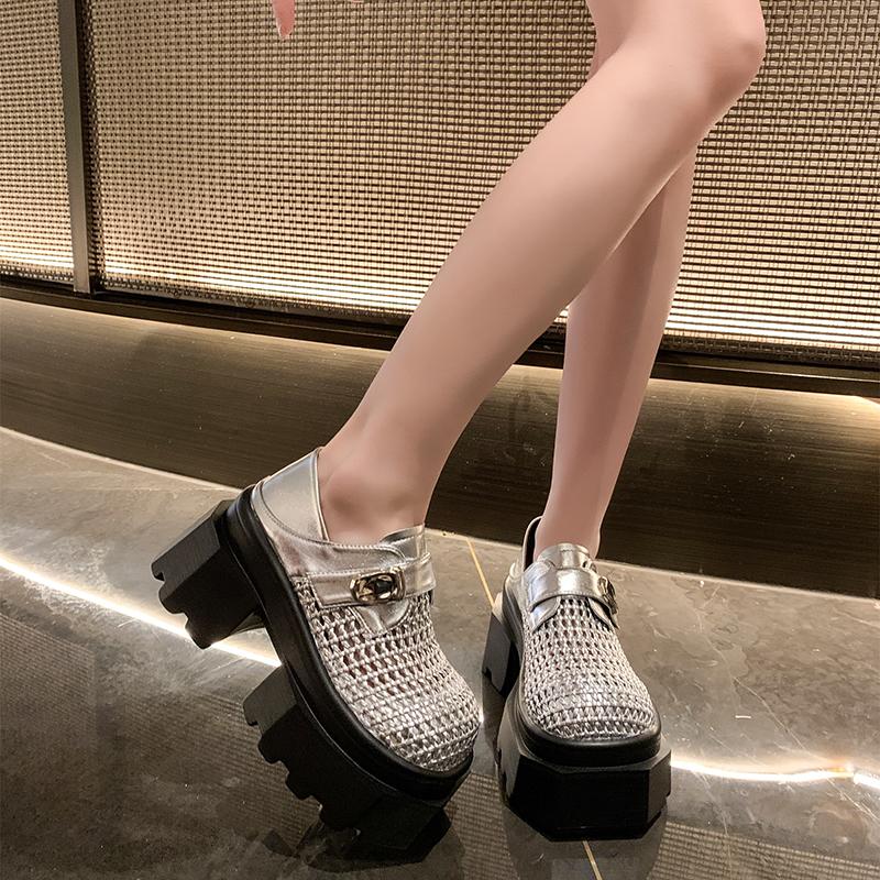 Fashion 8.5CM New Synthetic Leather High-heeled Platform Wedge Sandals Women Summer Weaving Breathable High Heels Chunky Sneakers Woman