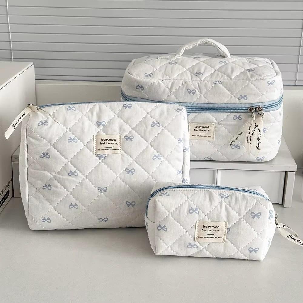 Fashion Blue Bow Women Cosmetic Bag Large Capacity 3 Type Storage Handbag Zipper Travel Pouch Wash Bags Gifts