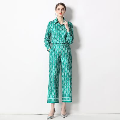 High Street Brand Runway Letter Print Long Sleeve Blouse Shirt Wide Leg Pants Fashion 2 Piece Set Women Chic Designer Outfits