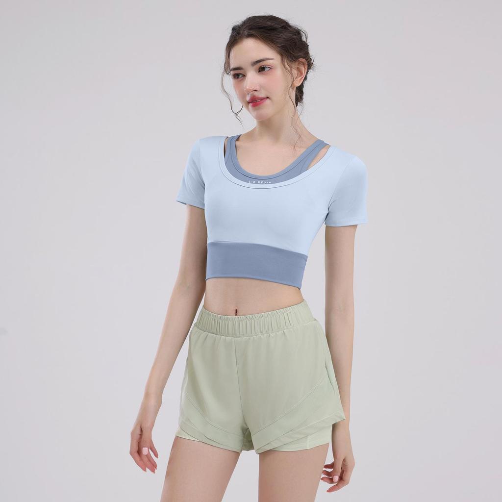 Women's Short Sleeve Yoga Set: Summer Style Workout Top with Chest Pad for Pilates, Training, and Running.
