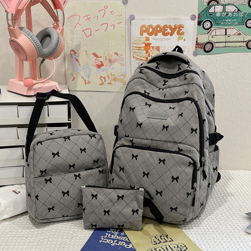 Dreiteiliger Schleifen-Rucksack Cord-Rucksack Schülerschultasche