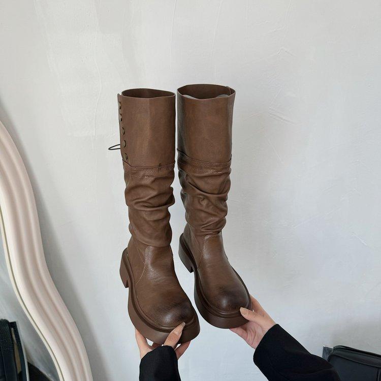 

[youshilai] Black American retro thick heel platform boots women s 2025 new thin knight boots 40