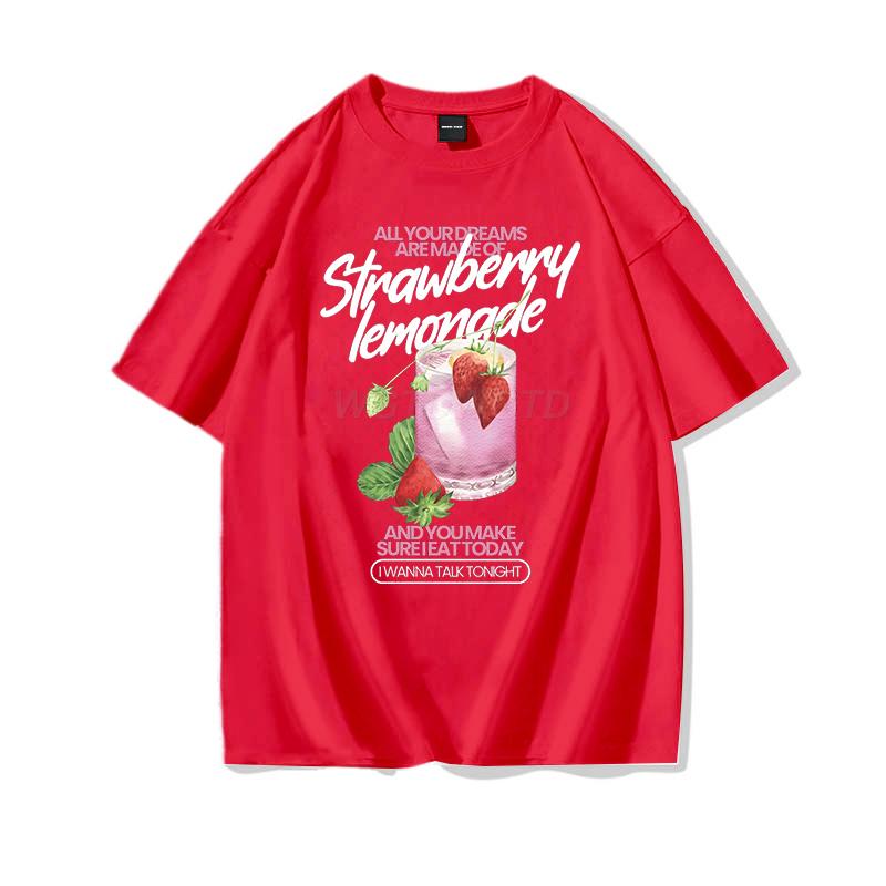 Strawberry Lemonade T-Shirt Cotton Summer Tops Women's Clothing Pink Strawberry Top Girl Outfits Gift Fashion Casual T-shirts