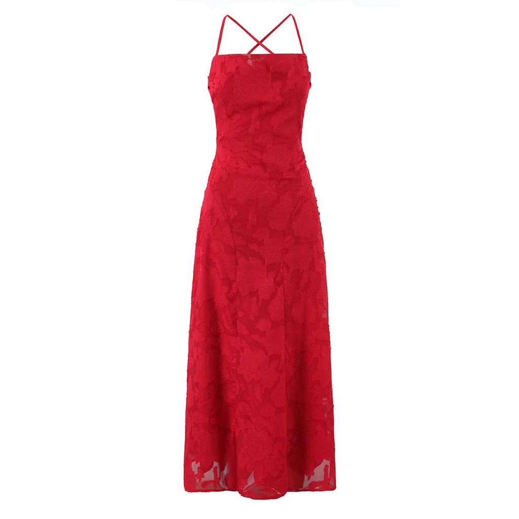 Women's Jacquard Sexy Slim Sling Dress Halter Strap Design Long Dress