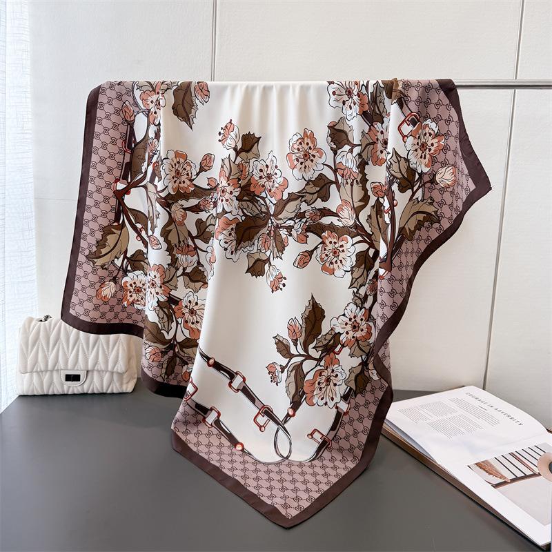 

Flower Simulation Silk Large Square Scarf Retro Flower Printing Professional Versatile Shawl Diagonal Silk Pattern Scarf Headscarf Women 90x90cm