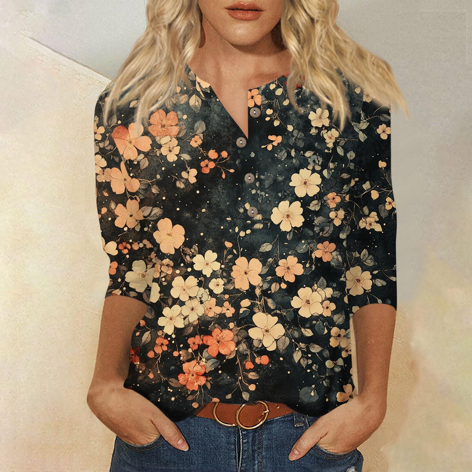 

Женский свободный повседневный топ с рукавом семь четвертей и цветочным принтом с круглым вырезом на пуговицах XL чёрный