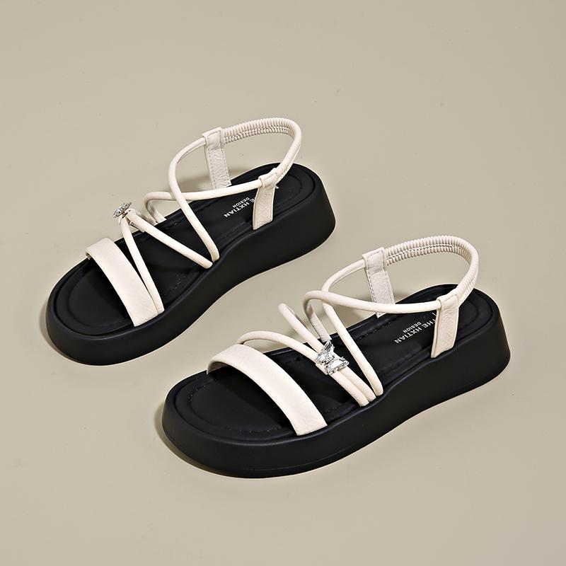 CRLAYDK Rome Sandals for Women Strap Beach Soft Leather Ladies Walking Slippers Elastic Band Summer Casual Travel Slides