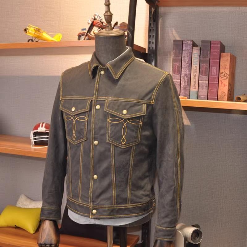 

Мужская винтажная повседневная куртка из натуральной кожи, натуральная овчина, осенне-зимние куртки с лацканами, кожаное пальто, однобортное, облегающее S чёрный