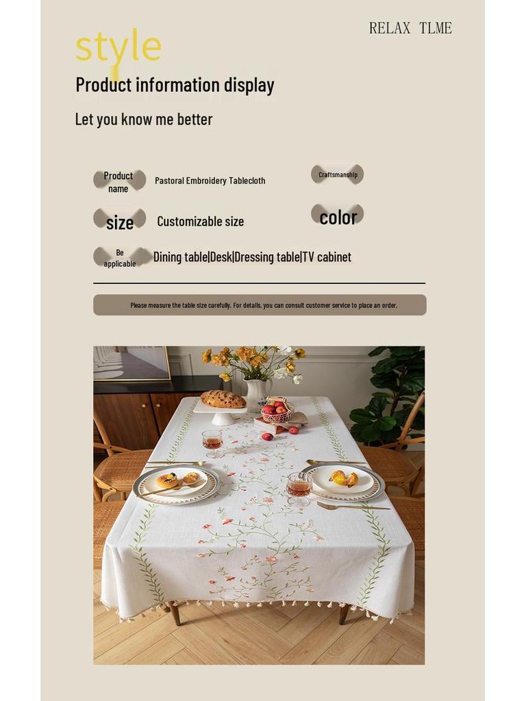 Luxury Cotton-Linen Embroidered Retro Tablecloth for Rectangular Coffee Table
