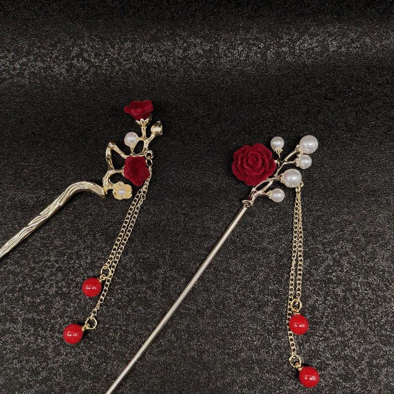 New Chinese Style Red Rose Fringe Hairpin Vintage Rose Hair Sticks Hairwear For Women Hair Fork Disk Hair Chopsticks Headdress
