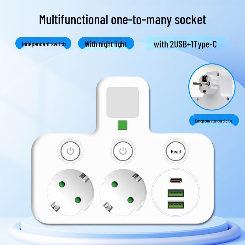 Tomada Europeia 16A 3-em-1 com Interruptor Individual e Luz Noturna, Certificado CE Adaptador Francês/Europeu