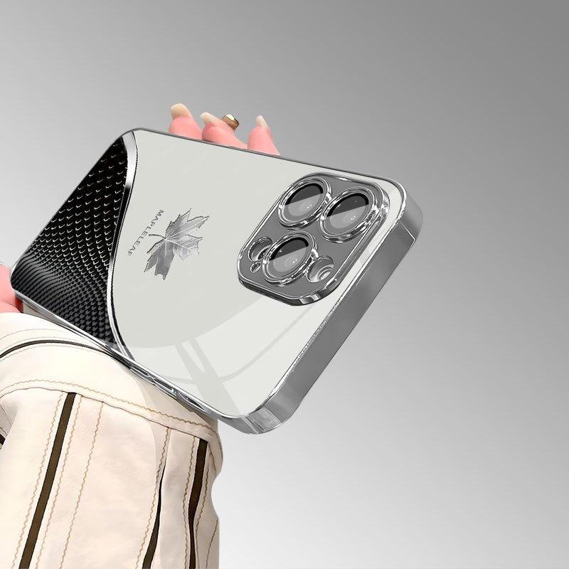 Gebogenes Ahornblatt Muster Gehärtetes Glas Handyhülle Für iPhone 17 16 15 14 13 12 11 Pro Max Plus Air Galvanisiert Silberne Abdeckung
