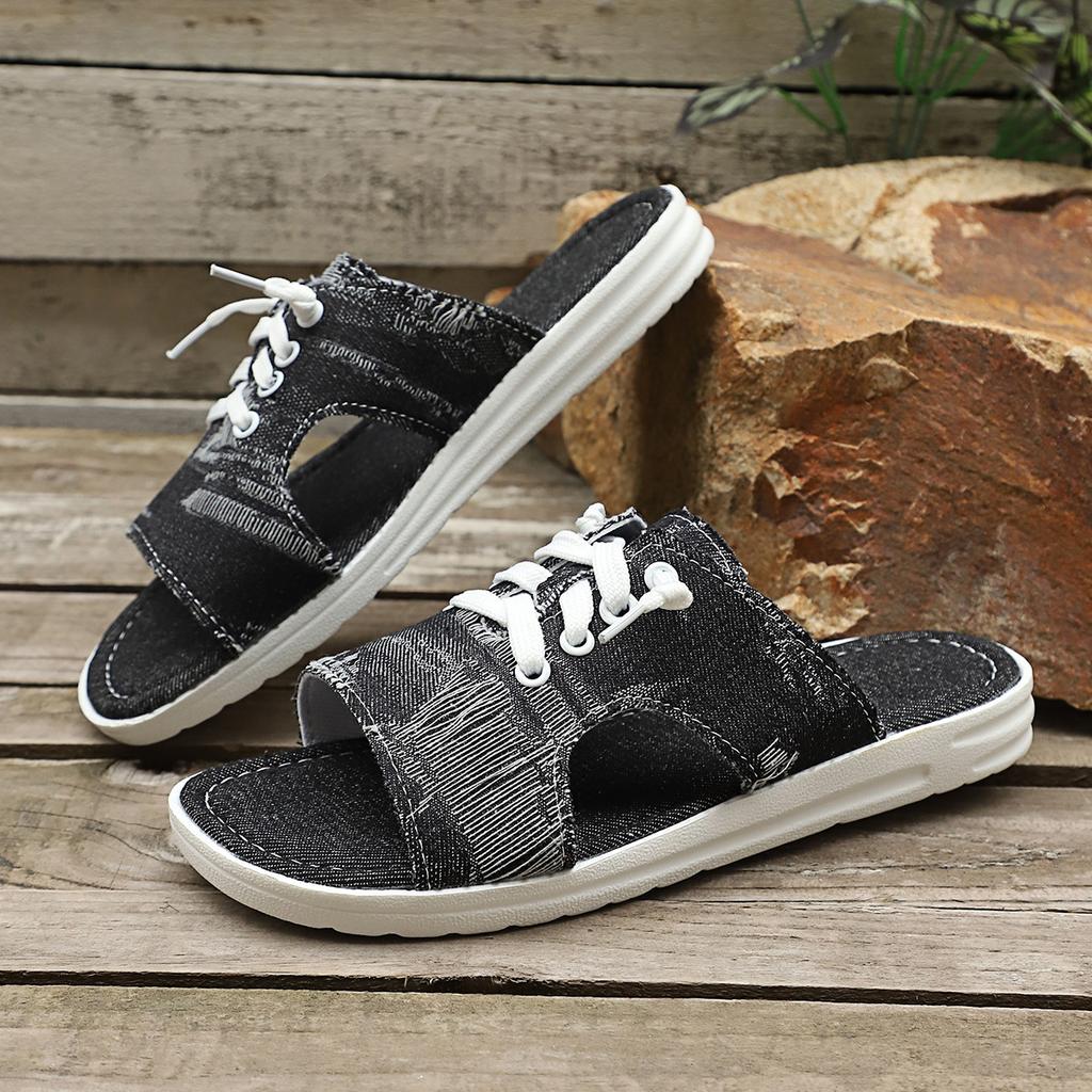 Summer New Large-sized Denim Fabric Lace-up Slip-on Sandals for Women - Round Toe Flat Casual Sandals