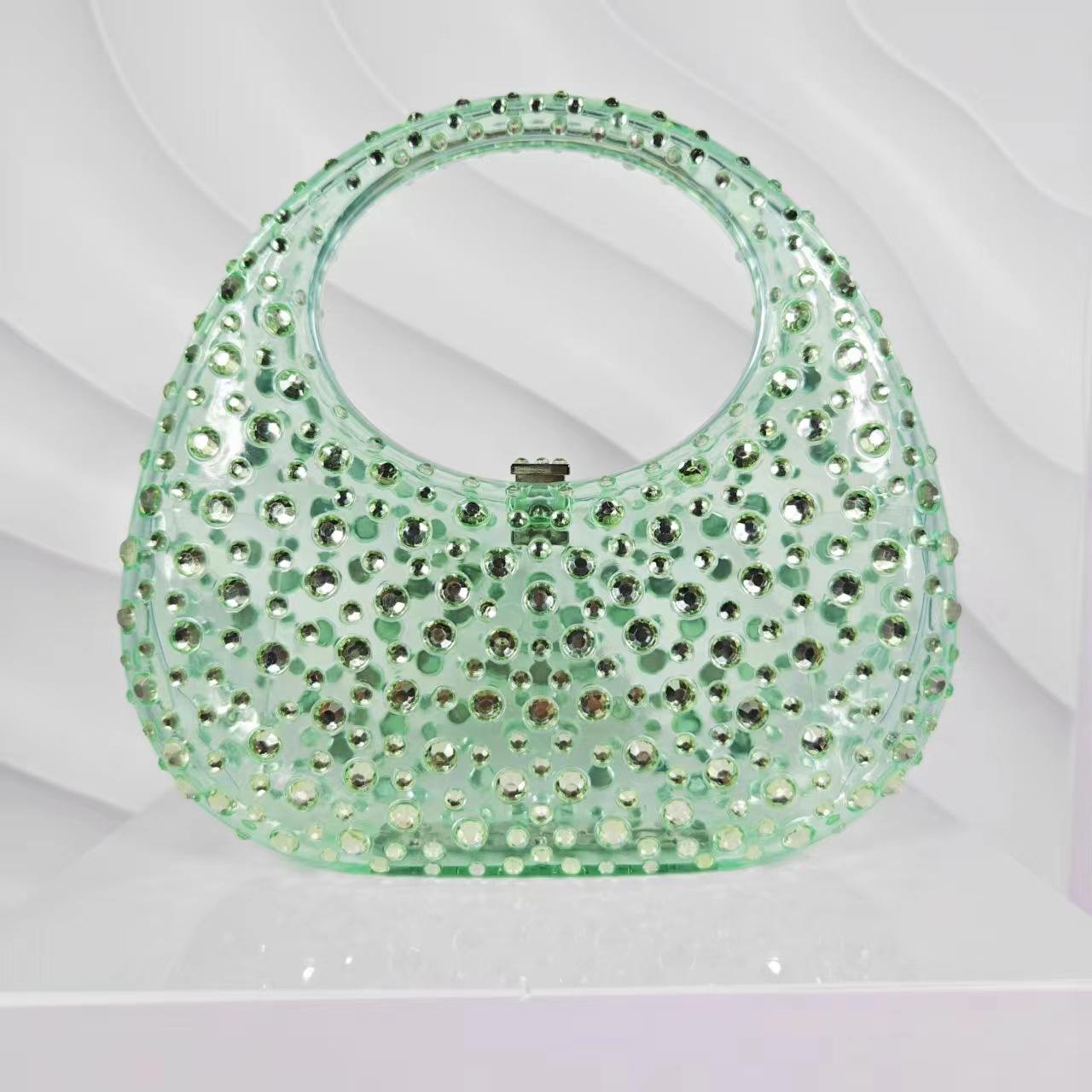

Ladies Shiny Diamond Transparent Acrylic Box Bag Dinner Diamond Rhinestone Crescent Clutch Bag світло-зелений колір