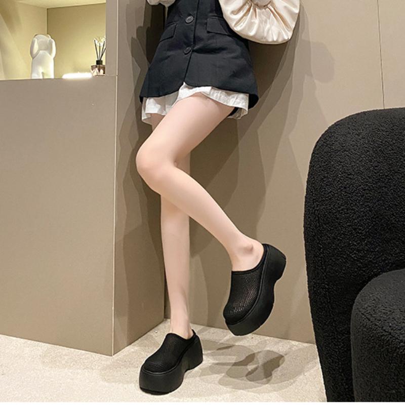 Mules compensées en maille pour femmes, sandales à plateforme, talons hauts, escarpins à bride arrière, été 2024