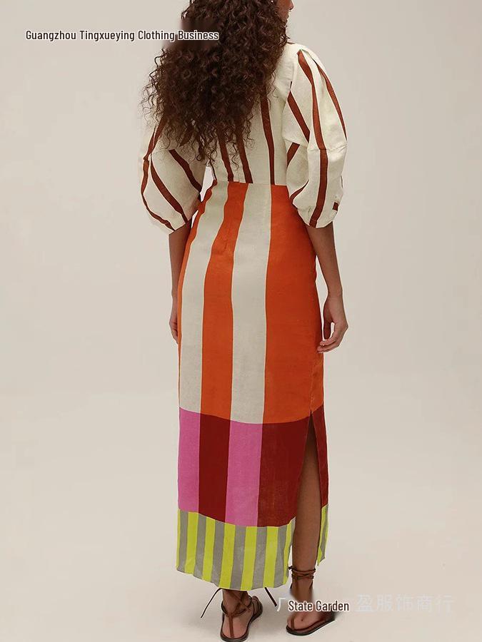 Spring/Summer 2026 European-Style Linen Print Dress - Casual Holiday Loose Fit
