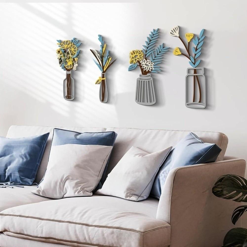 3 Pieces Set Vase Design Floral Decor 3D Wall Stickers Wall Decor Metal Flowers Wall Art  Bathroom