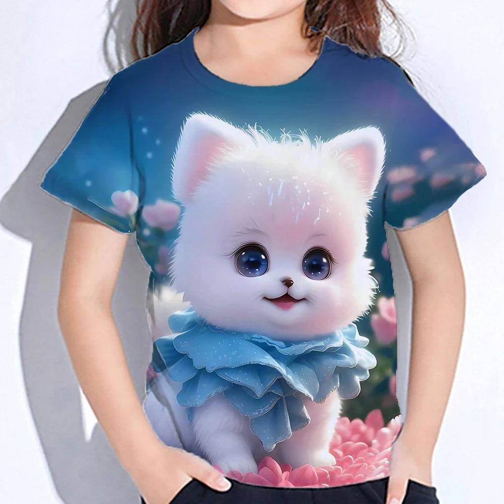 Sommer Kinder Cartoon Niedliche Katzen Tops T-Shirts 3D Floral Bedrucktes T-Shirt Kinder O-Ausschnitt Kurzarm Kleidung Mädchen Lässig
