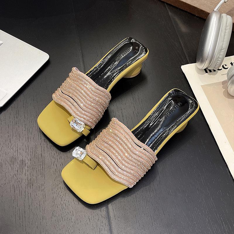 

Silver rhinestone high-heeled slippers for women s summer wear new temperament high-end thick-heeled square head cover toe cool slippers 40