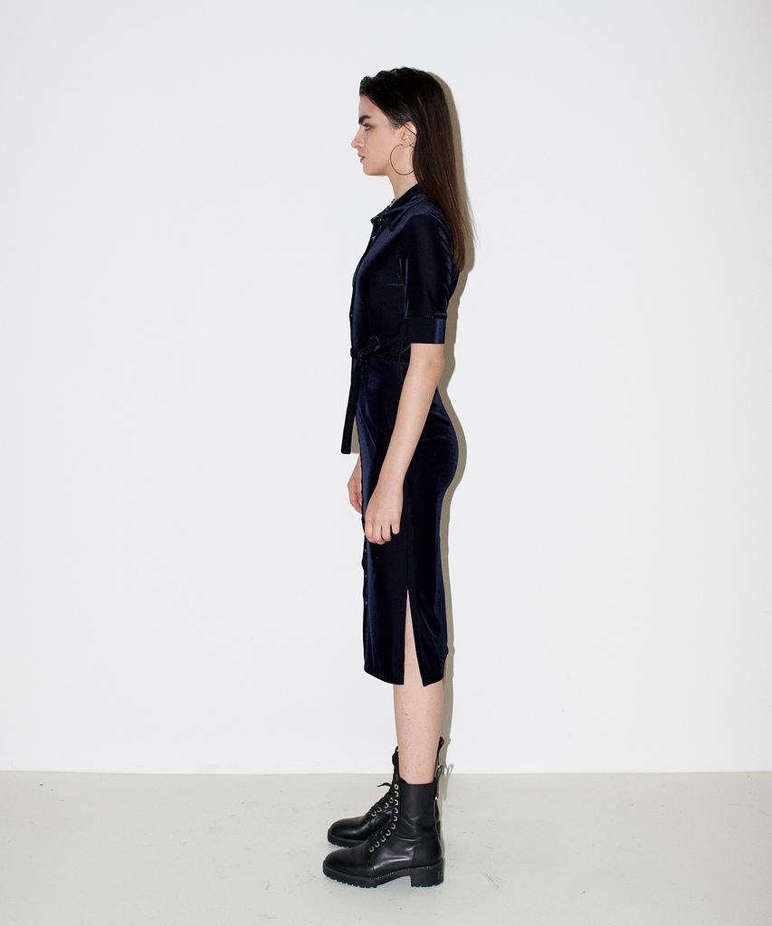 Chaenyuyog Front Open Velvet Dress [Navy]