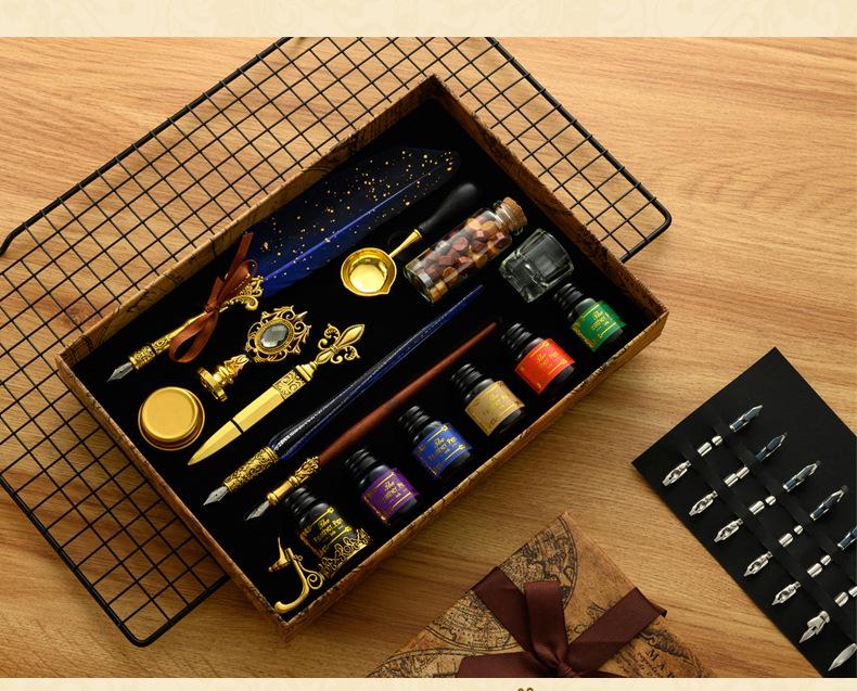 British Style Gold Splatter Feather Pen Set with Custom Logo - Ink Dipping Set, Birthday Gift