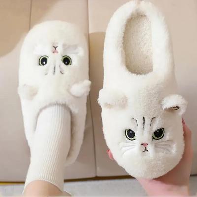 New Fashion Women Cute Cat Winter Slippers Indoor Bedroom Soft Plush Warm Home Shoes Casual Slip On Flat Slides